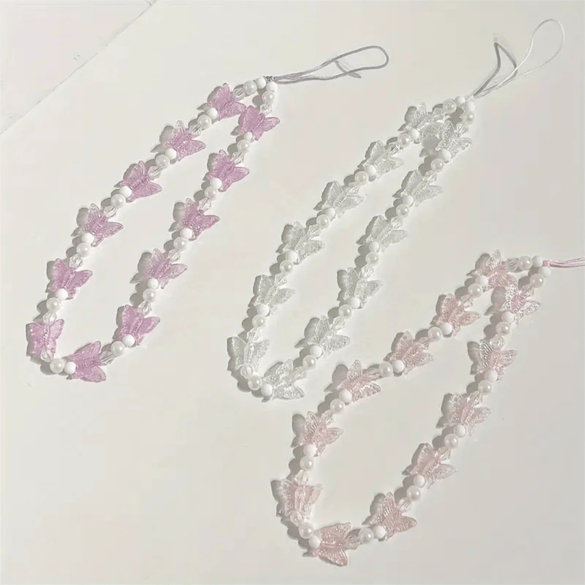 1 件新鲜水晶珍珠蝴蝶手机挂绳链，手机壳配件吊坠 - 藍白色 - 查看 1