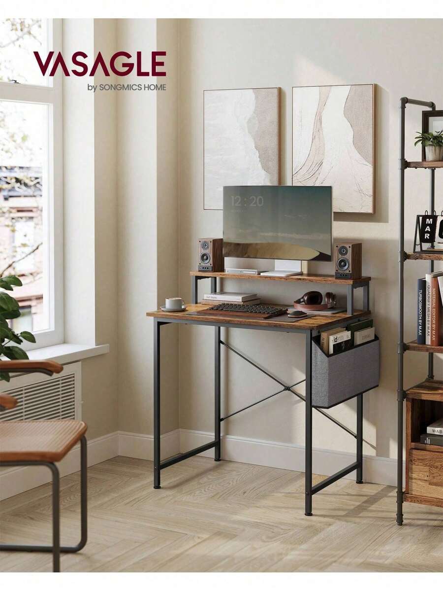 VASAGLE Computer Desk With Monitor Riser, Fabric Pouch, X-Bar Reinforcement Bars, Adjustable Legs, 55 X 80 X 90.5 Cm, Industrial Style, Rustic Brown And Black - 鏽棕色 - 查看 1