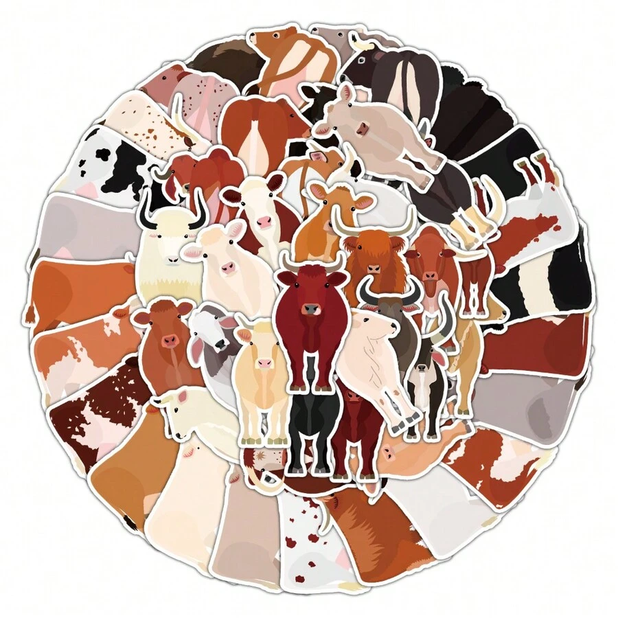 50张儿童早教奶牛动物冰箱厨房水瓶墙贴，适用于水杯、笔记本、手机壳、行李箱等。 - TQ50-0410 - 查看 1