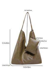 1 件纯色可折叠大容量 PU 单肩包，复古休闲轻便学生购物手提包 - 卡其色 - 查看 2