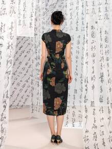 Short Sleeve Floral Designs Contrast Color New Chinese Style Cheongsam Qipao Dress - Black - View 2