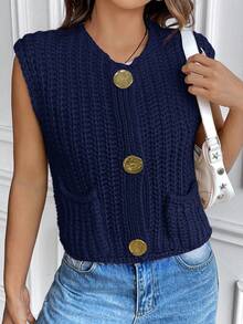 Women Fashion Sleeveless Short Knitted Solid Button Front Cardigan With Pockets - Blue - View 5