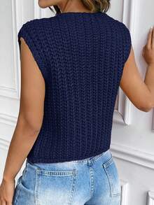 Women Fashion Sleeveless Short Knitted Solid Button Front Cardigan With Pockets - Blue - View 4