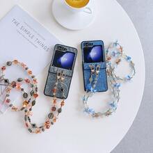手机饰品 3 件套折叠屏手机壳，配串珠肩带，新款刺绣皮革纹理手机套，节日礼物，适合 FLIP3/FLIP4/FLIP5/FLIP6 - 灰色 - 查看 9