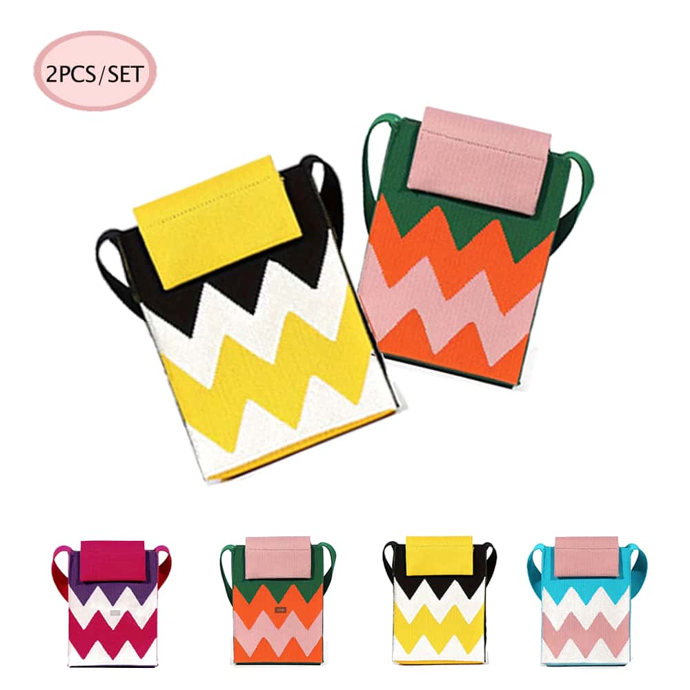 2Pcs/SET Women's Geometric Pattern Hook Needle Woven Mobile Phone Bag, Fashion Multi -Function Cross -Body Bag, Must Be Necessary For Portable Travel, Suitable For Placing Mobile Phones Or Other Small Items. - 黃色+橙色 - 查看 1