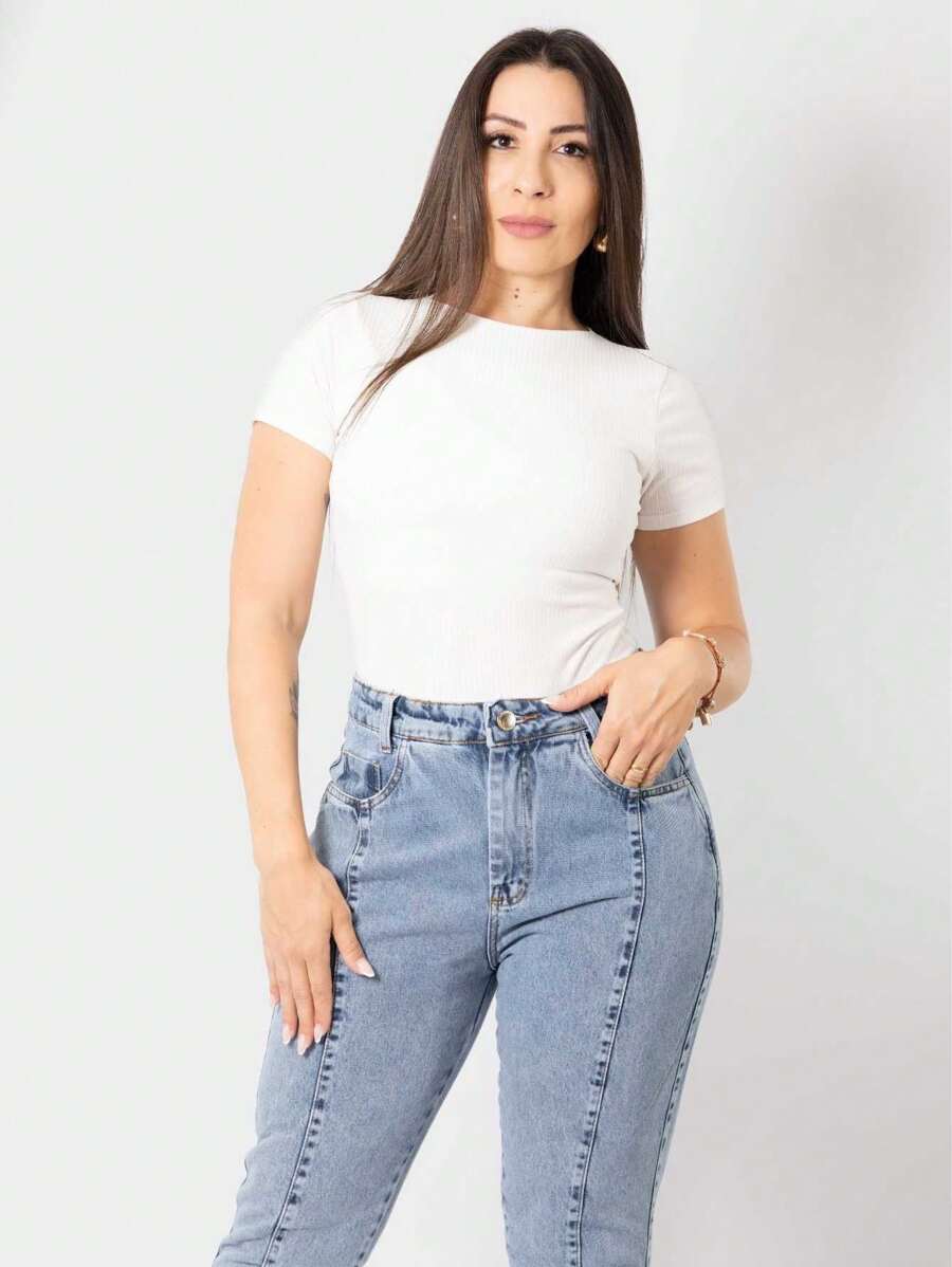 Women's Ribbed Bodysuit Short Sleeve Basic Casual Fashion - trắng - Xem 1