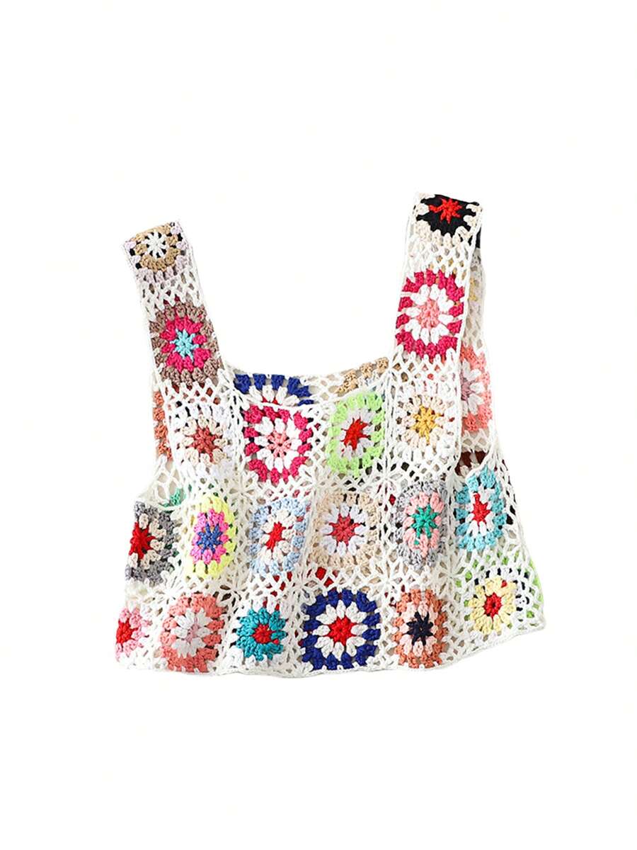 Womens Crochet Tank Top Knit Colorful Floral Embroidery Summer Boho Camisole Hollow Out Top - 白色 - 查看 1