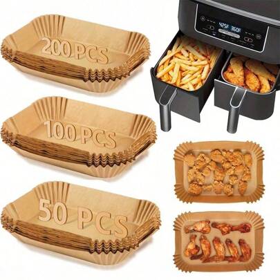 50/100/200pcs Disposable Air Fryer Liners, Suitable For Dual-Basket Air Fryers, Air Fryer Accessories, Oil-Proof, Waterproof, Baking Parchment Paper | Rectangular | (8.6 Inch - Brown)