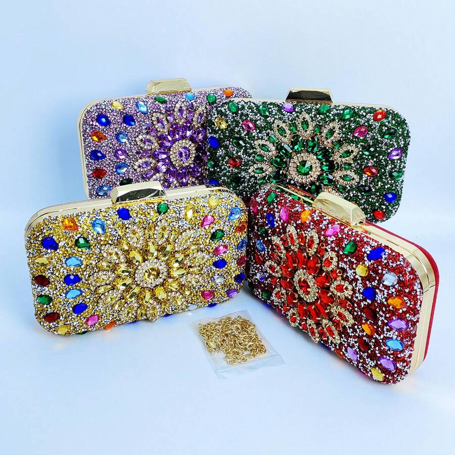1 chiếc túi cầm tay đính đá lấp lánh có móc cài bằng kim loại, túi xách đeo vai thời trang dành cho nữ dùng cho tiệc tùng và lễ hội