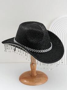 1pc Unisex Shiny Solid Color Cowboy Hat With Unique Heart-Shaped Rhinestone Embellished Belt Strap And Glitter Tassel, Suitable For Girlcore, Vintage, Floral, Spring/Summer Bright Colors, Pink Aesthetic, Punk Style Wide-Brim Hat, Street Fashion, 2024 Wedding Essentials, Classy Aesthetic, Dinner Party Essentials, Suitable For Parties, Western Themed Events, Gatherings - Gem - View 5