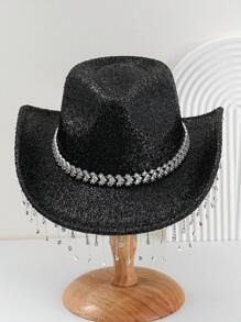 1pc Unisex Shiny Solid Color Cowboy Hat With Unique Heart-Shaped Rhinestone Embellished Belt Strap And Glitter Tassel, Suitable For Girlcore, Vintage, Floral, Spring/Summer Bright Colors, Pink Aesthetic, Punk Style Wide-Brim Hat, Street Fashion, 2024 Wedding Essentials, Classy Aesthetic, Dinner Party Essentials, Suitable For Parties, Western Themed Events, Gatherings - Gem - View 4