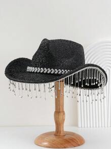 1pc Unisex Shiny Solid Color Cowboy Hat With Unique Heart-Shaped Rhinestone Embellished Belt Strap And Glitter Tassel, Suitable For Girlcore, Vintage, Floral, Spring/Summer Bright Colors, Pink Aesthetic, Punk Style Wide-Brim Hat, Street Fashion, 2024 Wedding Essentials, Classy Aesthetic, Dinner Party Essentials, Suitable For Parties, Western Themed Events, Gatherings - Gem - View 3