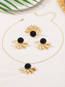 1 套/3 件 2024 时尚金属叶嵌入式仿珍珠亚克力戒指、耳环和项链首饰套装，女士个性化配饰，适合宴会、派对和日常佩戴 - 銀色樹葉首飾 - 查看 8