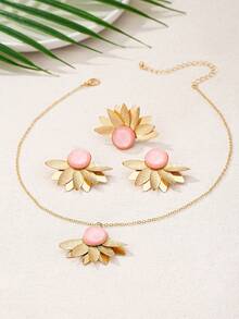 1 套/3 件 2024 时尚金属叶嵌入式仿珍珠亚克力戒指、耳环和项链首饰套装，女士个性化配饰，适合宴会、派对和日常佩戴 - 銀色樹葉首飾 - 查看 7