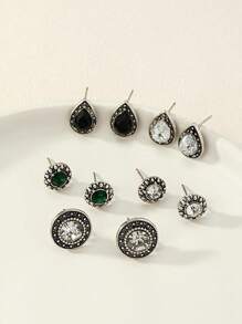 5 对复古风格仿旧波西米亚圆形和水滴形水晶合金耳钉套装，节日和日常使用 - 復古銀色 - 查看 2