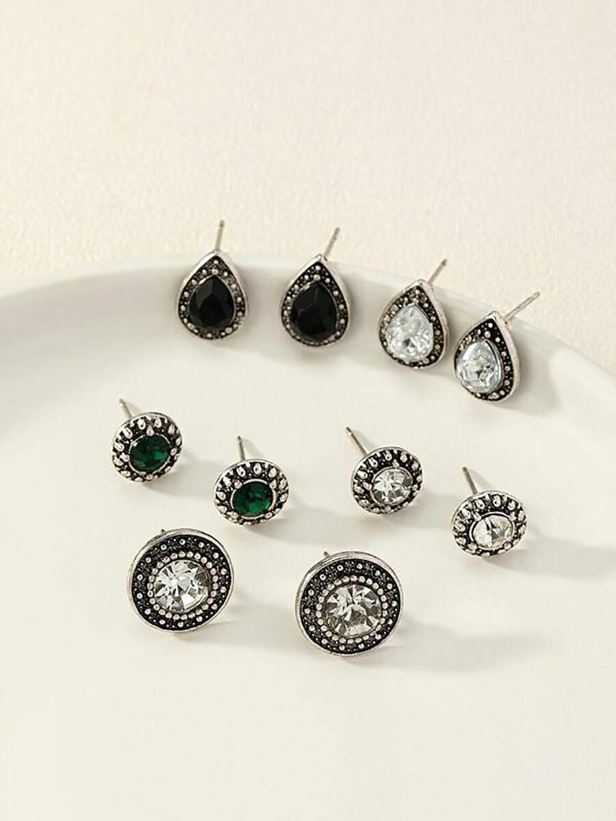 Bộ 5 đôi hoa tai hợp kim pha lê hình tròn và giọt nước phong cách cổ điển Bohemian, dùng cho ngày lễ và hàng ngày - Màu Bạc Cổ - Xem 1