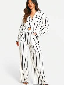 Bộ áo sơ mi cài nút cổ ve kẻ sọc hai mảnh thời trang và quần short - Bộ trang phục thường ngày dệt bằng polyester thoải mái cho mùa xuân/hè - Không co giãn, không in và không mỏng - Nhiều màu - Xem 2