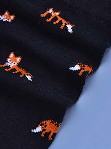 1 双狐狸印花袜子舒适透气动物中筒袜男女通用袜子，秋季 - 彩色 - 查看 5