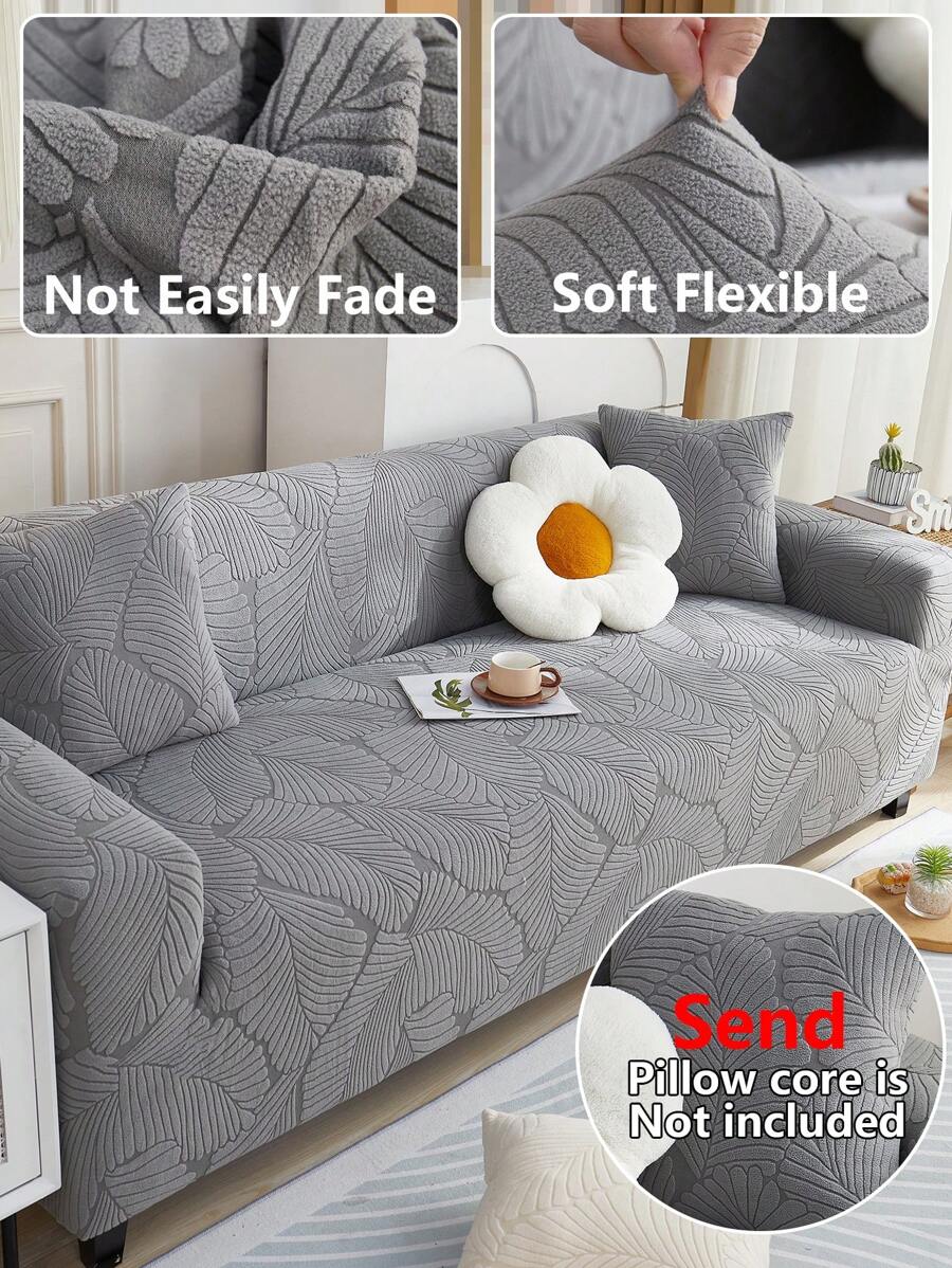 1 件纯色沙发套，多功能高弹力全覆盖沙发保护套，带叶子图案 3D 设计，节日装饰套，包括 1 件枕套 - 深灰色 - 查看 1