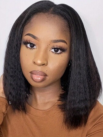 16 英寸直发 13*4 蕾丝前波波头假发真人发巴西卷曲直发真人发假发女士升级版假发无胶全头无脱落无胶短波波头假发 200% 密度真人发假发 10-16 英寸