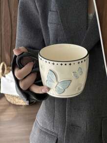 1pc Ins风格手绘梦幻蝴蝶陶瓷杯，双色釉蝴蝶设计拿铁杯，家用下午茶咖啡杯牛奶杯水杯果汁杯礼品杯返校