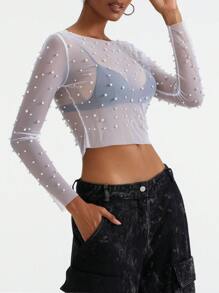 Women T-Shirt, Long Sleeve Crew Neck See-Through Pearls Slim Fit Ladies Tops For Club Party - White - View 7