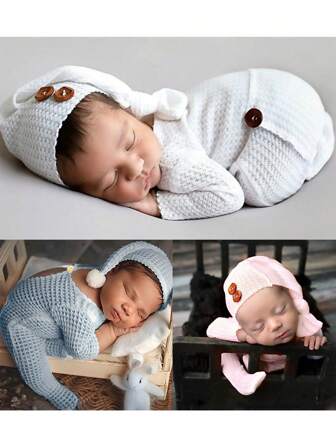 2pcs/Set Newborn Baby Photography Props Long Sleeve Knitted Romper & Tail Hat Baby Shower Family Decorations Gifts Baby Shower Easter Gift Things For Girls/Boys