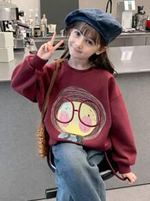 Tween Girl Cartoon Character Print Crew Neck Long Sleeve Pullover Sweatshirt - Burgundy - View 1