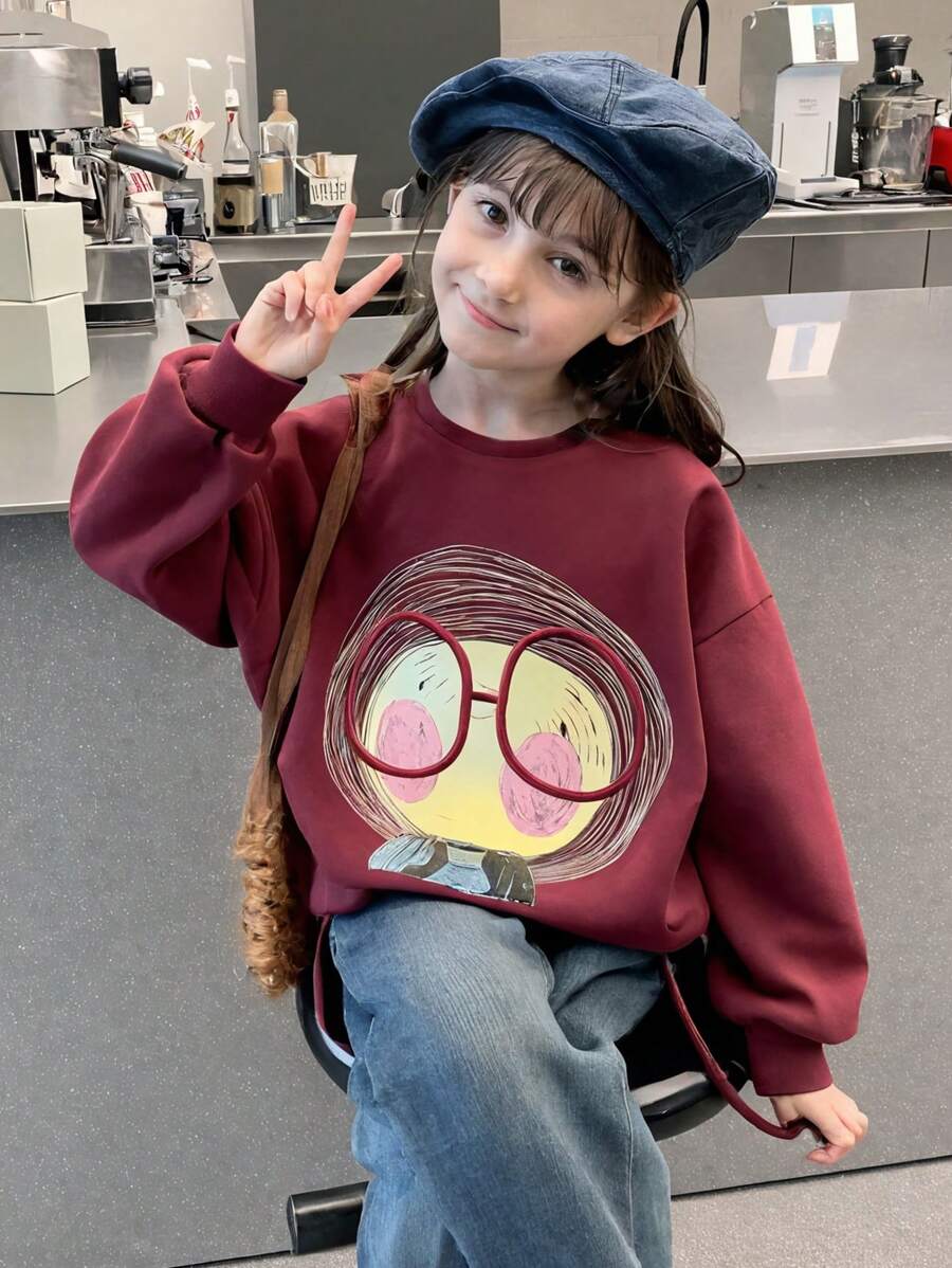 Tween Girl Cartoon Character Print Crew Neck Long Sleeve Pullover Sweatshirt - Burgundy - View 1