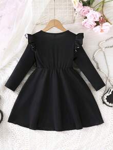 Đầm trẻ em họa tiết hoa xếp nếp cổ tròn tay dài trang trí nơ thường ngày ngoài trời, mùa thu - màu đen - Xem 2