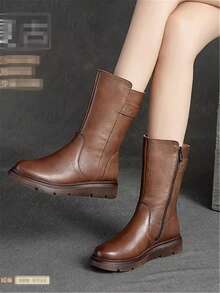 Giày bốt da mềm màu nâu cao đến giữa bắp chân cho nữ, lớp lót nhung mùa đông cổ điển, giày bốt đi xe máy thường ngày phong cách Anh - màu nâu - Xem 4