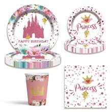 Set de 80 piezas de vajilla desechable con temática de princesas castillo, que incluye platos de papel desechables con diseño de hadas rosas, platos de postre, vasos de papel, vasos de bebida y servilletas