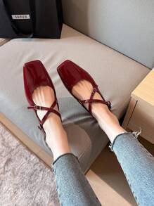 女士时尚百搭通勤平底便鞋 - 酒紅色 - 查看 2