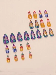 24 片长杏仁形华丽哥特式可穿戴假指甲彩色窗玻璃精致可拆卸指甲艺术片 24 片 - 彩色 - 查看 2