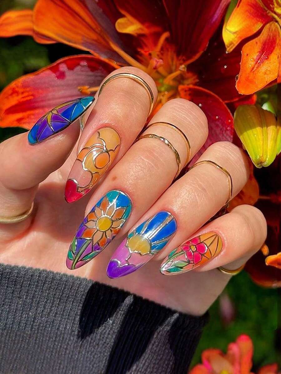 24 片长杏仁形华丽哥特式可穿戴假指甲彩色窗玻璃精致可拆卸指甲艺术片 24 片 - 彩色 - 查看 1