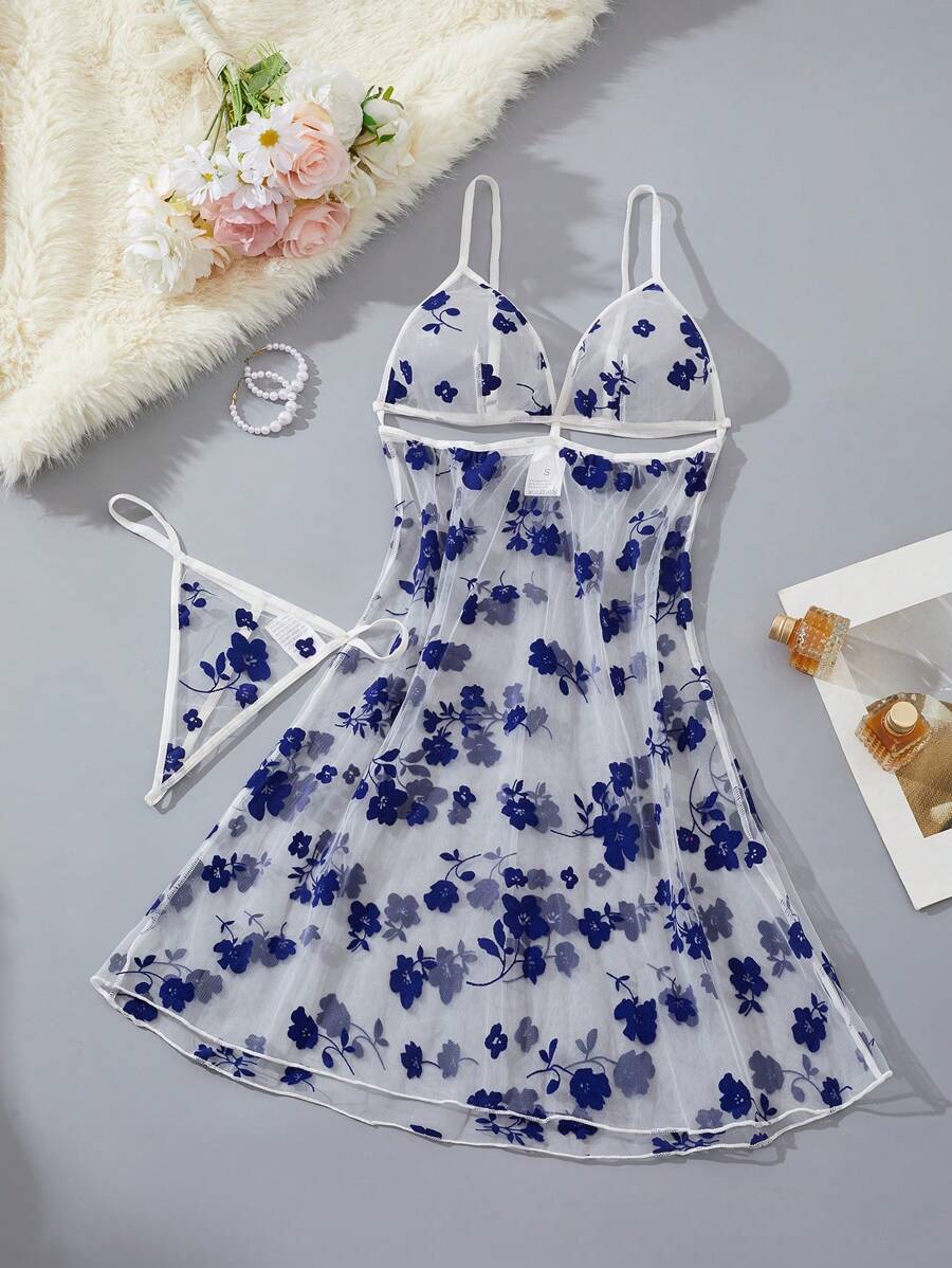 Sheer & Sexy Women's Lingerie Set, Includes Romantic Nightgown And Seductive Thong Panty