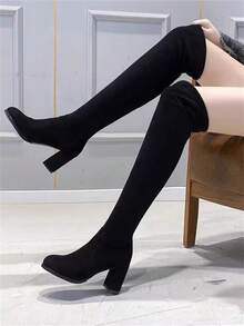 尖头百搭粗跟马靴，西部牛仔过膝靴，仿麂皮 - 黑色 - 查看 3