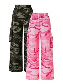 2pcs Fashionable Camo Print Pants Set For Tween Girl - Multicolor - View 2