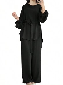 ZANZEA Women Long Sleeve Drawstring Waist Asymmetric Hem Shirt Tops Wide-Leg Long Pants Trousers 2pcs Sets Outfits - Black - View 1
