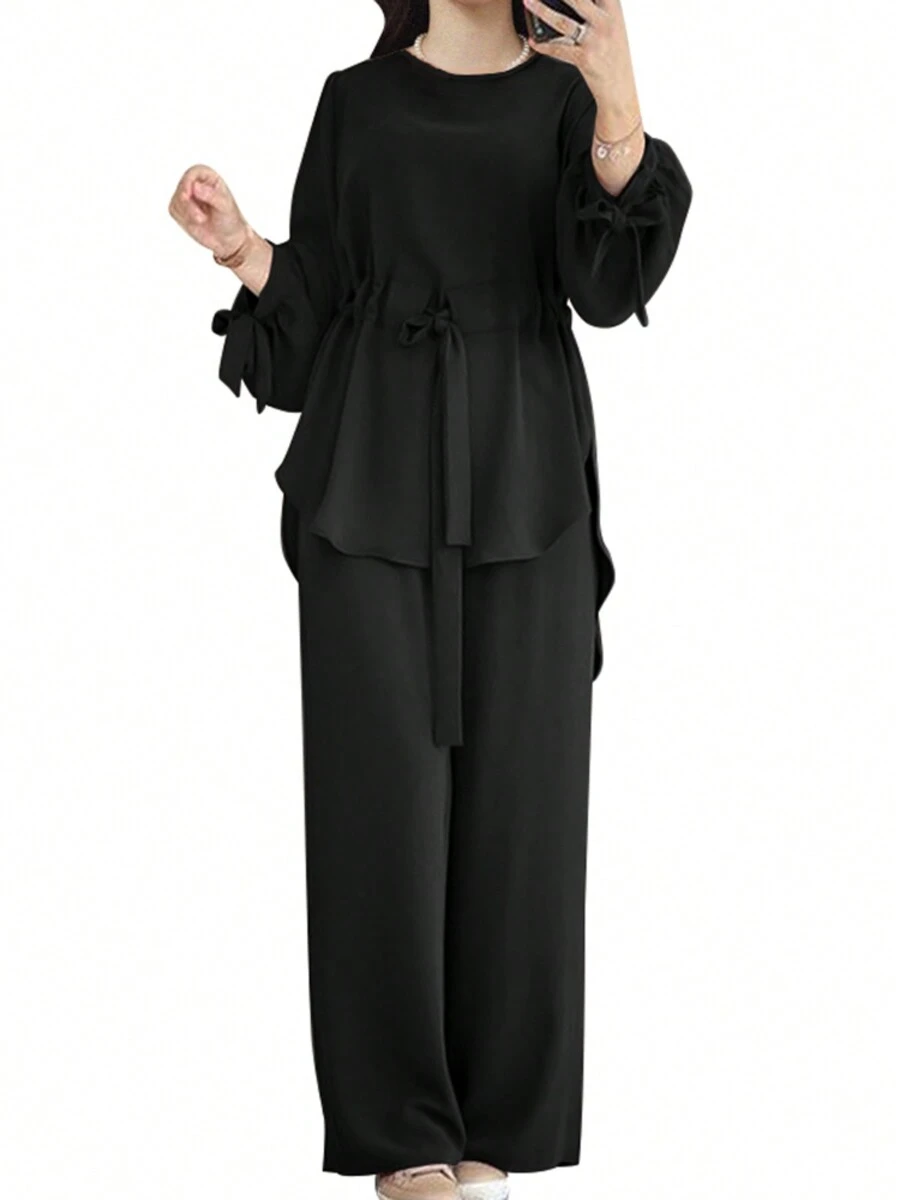 ZANZEA Women Long Sleeve Drawstring Waist Asymmetric Hem Shirt Tops Wide-Leg Long Pants Trousers 2pcs Sets Outfits - Black - View 1