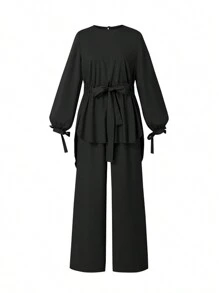 ZANZEA Women Long Sleeve Drawstring Waist Asymmetric Hem Shirt Tops Wide-Leg Long Pants Trousers 2pcs Sets Outfits - Black - View 3
