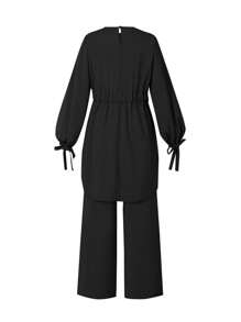 ZANZEA Women Long Sleeve Drawstring Waist Asymmetric Hem Shirt Tops Wide-Leg Long Pants Trousers 2pcs Sets Outfits - Black - View 4