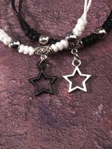 2pcs Vintage Rock Style Star Print Black & White Bracelet, Unisex Friendship Bracelet, Accessory Gift - Black and White - View 2