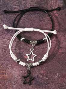 2pcs Vintage Rock Style Star Print Black & White Bracelet, Unisex Friendship Bracelet, Accessory Gift - Black and White - View 1