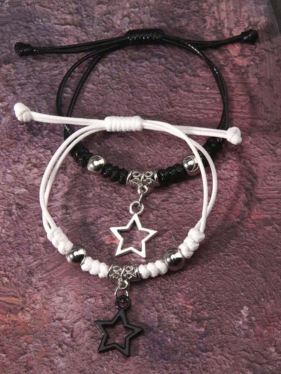 2pcs Vintage Rock Style Star Print Black & White Bracelet, Unisex Friendship Bracelet, Accessory Gift - Black and White - View 1