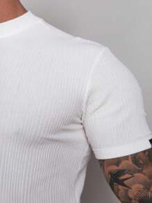 Slim Mid-Neck Ribbed T-Shirt With Elastane - White - View 5