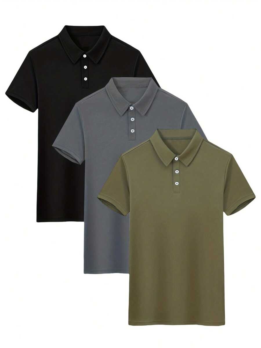Kit3 Men's Lapel Short Sleeve Polo Shirt Casual Style Regular Fit Summer Top Summer Golf Shirt - 軍綠色 - 查看 1
