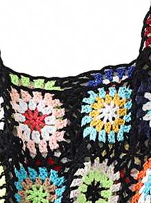 Womens Crochet Tank Top Knit Colorful Floral Embroidery Summer Boho Camisole Hollow Out Top - 黑色 - 查看 3