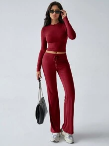 2pcs Women's Solid Color Slim Fit Long Sleeve T-Shirt And Pants Set - Màu Đỏ Sâu - Xem 7