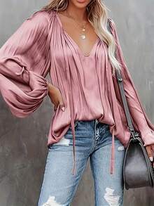 Women Elegant Tie Collar Lantern Sleeve Ruched Blouse